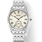 Elegant Seiko wristwatch with stainless steel case, cream face, and Roman numerals for timeless style.