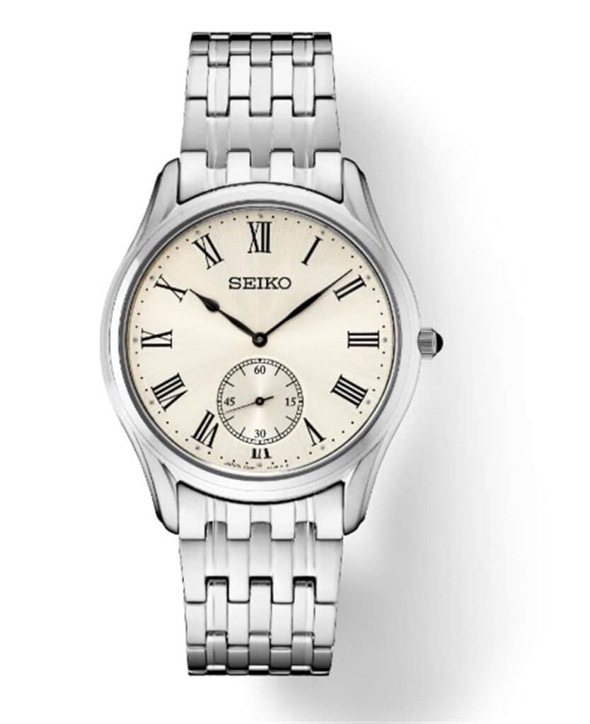 Elegant Seiko wristwatch with stainless steel case, cream face, and Roman numerals for timeless style.