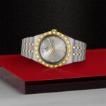 Tudor luxurious two-tone watch with diamond markers and gray dial on a stylish bracelet.