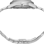 Elegant stainless steel wristwatch with polished finish, interlocking metal band, and intricate design.