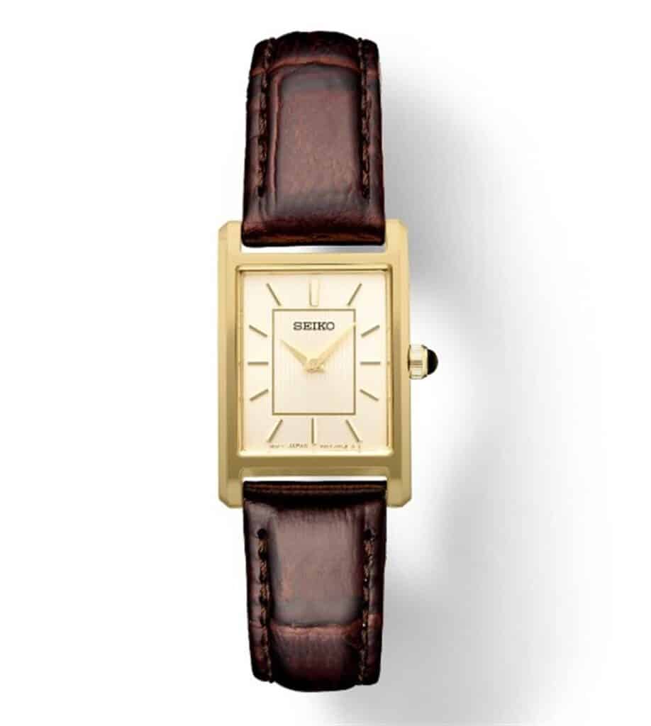 Elegant Seiko watch with gold-tone finish and brown leather strap, perfect for any occasion.