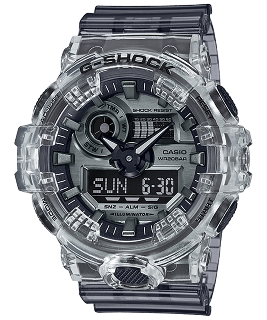 Transparent Casio G-Shock watch with analog-digital display, durable, stylish, and water-resistant.