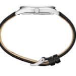 Elegant silver wristwatch with a black leather strap and sleek design for all occasions.