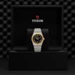 Luxurious Tudor watch in elegant box, showcasing gold and silver tones with stylish black dial.