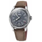 Oris wristwatch featuring a stainless steel case, big crown, and elegant leather strap.