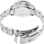 Stainless steel watch with polished bracelet, engraved caseback, and functional unidirectional bezel.
