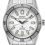 Seiko Marine Master divers watch with stainless steel case, white dial, and luminescent features.