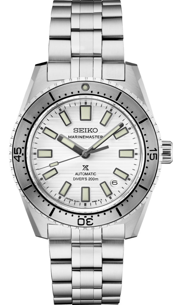 Seiko Marine Master divers watch with stainless steel case, white dial, and luminescent features.