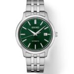 Elegant Seiko automatic watch with green dial and stainless-steel bracelet, perfect for any occasion.