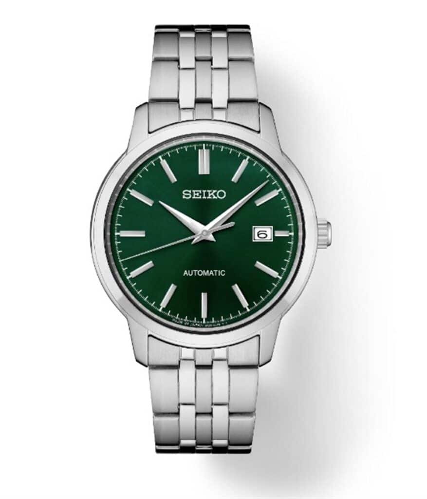 Elegant Seiko automatic watch with green dial and stainless-steel bracelet, perfect for any occasion.