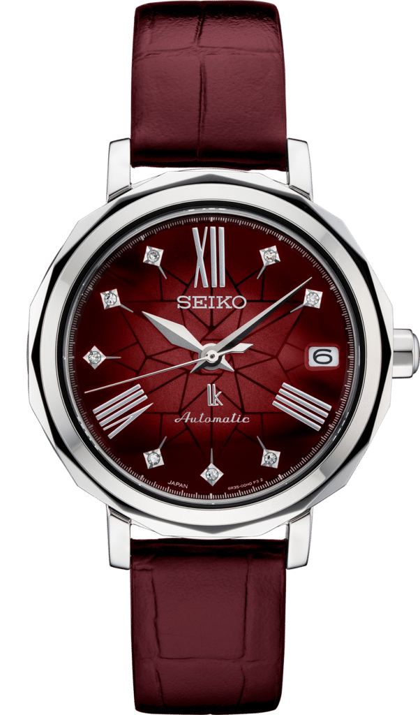 Elegant Seiko watch with burgundy dial, diamond indices, stainless steel case, and leather strap.