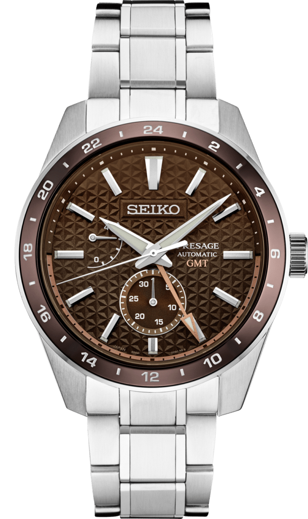 Elegant Seiko Presage GMT watch with brown textured dial and stainless steel bracelet.