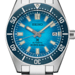Stylish Seiko dive watch with turquoise dial, stainless steel bracelet, and 200m water resistance.