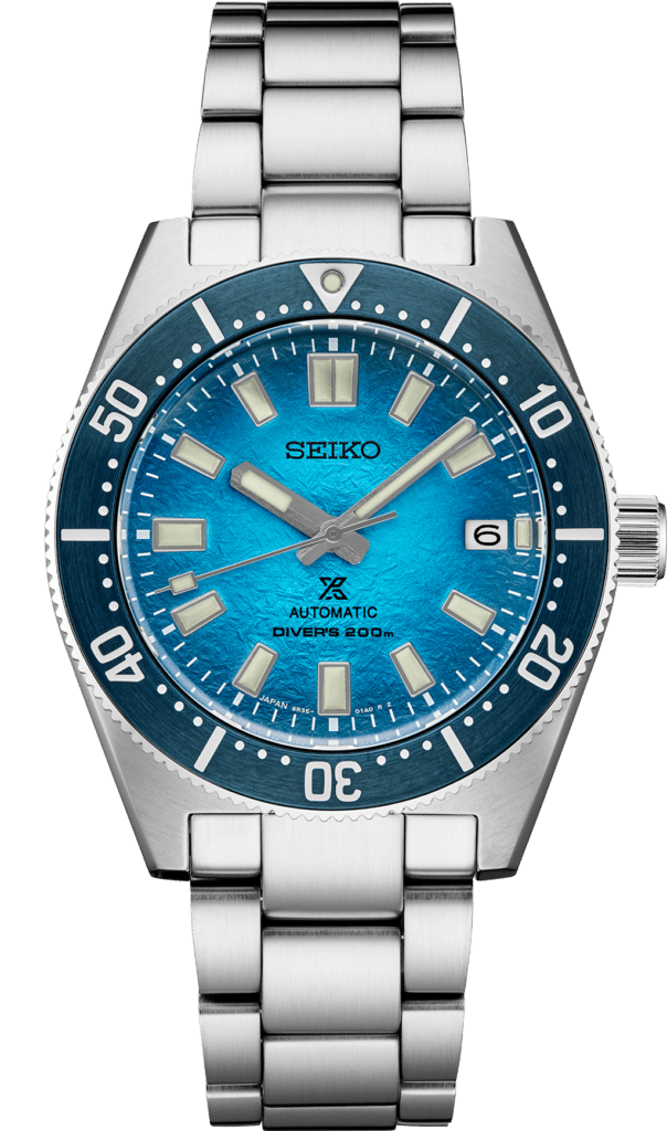 Stylish Seiko dive watch with turquoise dial, stainless steel bracelet, and 200m water resistance.