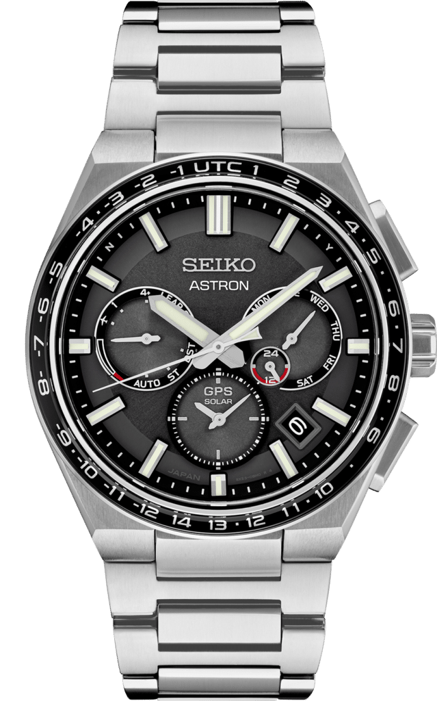 Sleek Seiko Astron GPS Solar watch with stainless steel case and black dial.