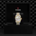 Luxurious Tudor watch in elegant packaging, showcasing a blend of stainless steel and gold accents.