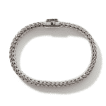 Elegant silver braided bracelet with decorative clasp and dark stone accents for stylish wear.