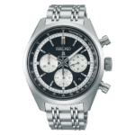 Stylish Seiko chronograph watch with black dial, stainless steel case, and sporty design.