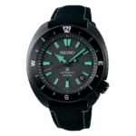Bold Seiko automatic dive watch with luminous features, black case, and durable fabric strap.