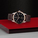 Elegant Tudor watch with black dial and rose gold accents on a striking background.