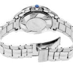 Seiko wristwatch showcasing premium stainless steel design and elegant blue cabochon detail.