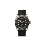 Elegant Tudor dive watch with stainless steel case, leather strap, and gold accents.