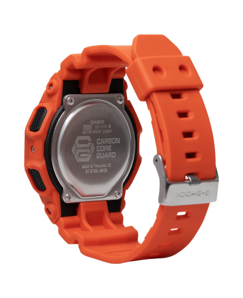 Vibrant orange Casio G-Shock watch with durable strap and water resistance, perfect for outdoor adventures.