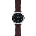 Elegant Tudor watch with stainless steel case, black dial, diamond markers, and brown leather strap.