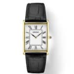 Elegant Seiko gold-tone watch with a white dial and black leather strap, perfect for any occasion.