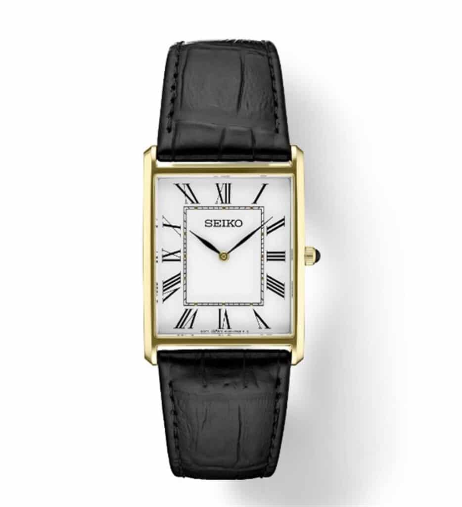 Elegant Seiko gold-tone watch with a white dial and black leather strap, perfect for any occasion.