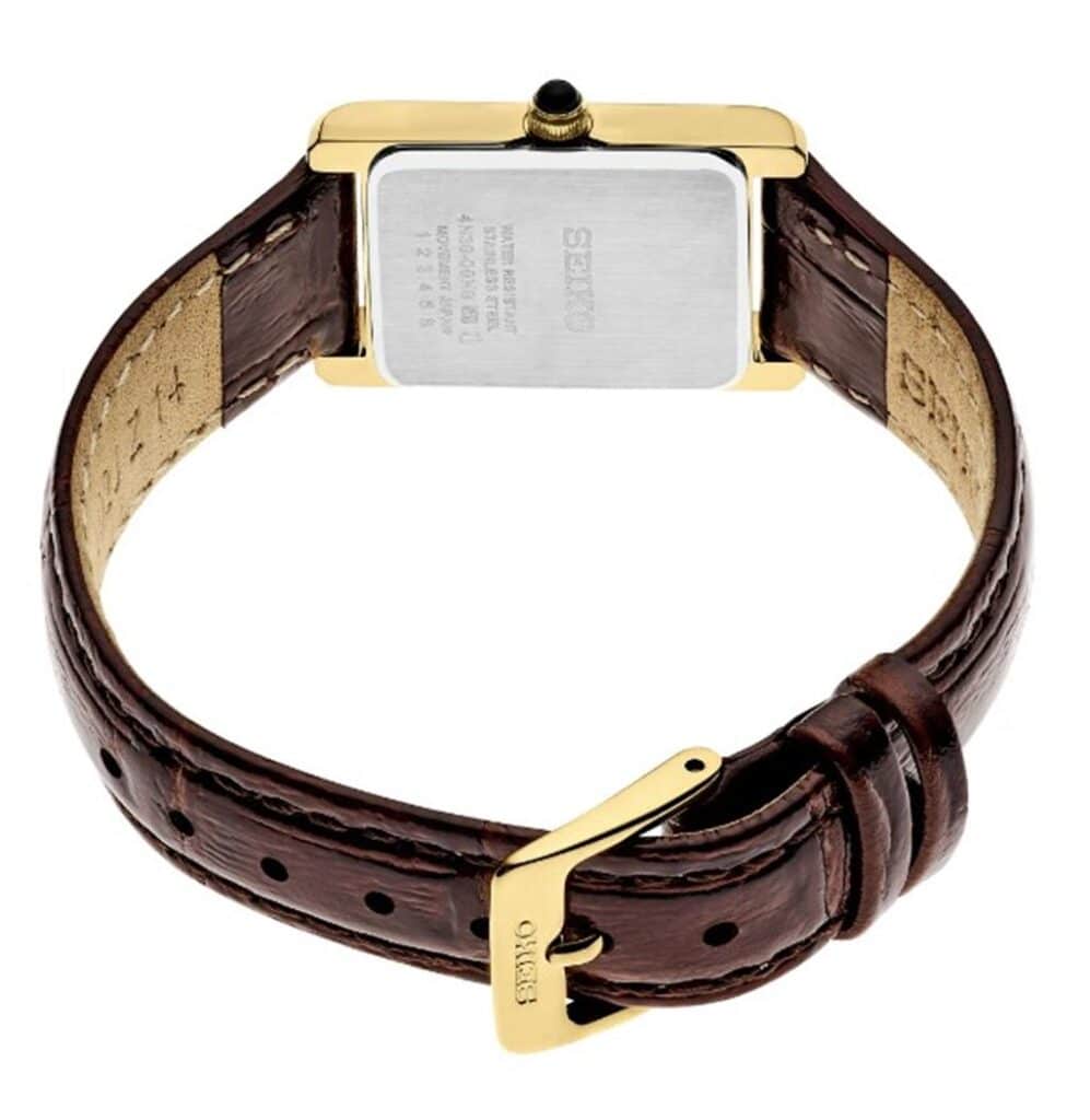 Elegant Seiko wristwatch with golden case and dark brown leather strap, perfect for any occasion.