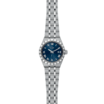 Elegant Tudor watch with blue dial, Roman numerals, and stainless steel bracelet for timeless style.