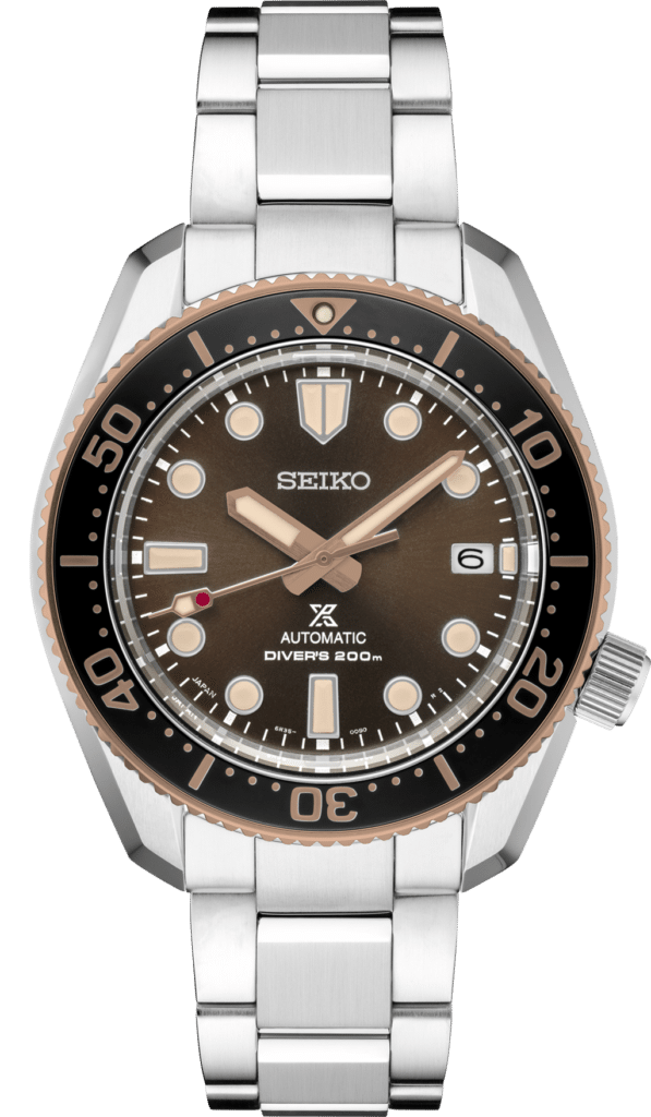 Seiko automatic divers watch features a brown dial, stainless steel case, and unidirectional bezel.