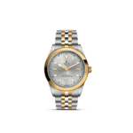 Elegant Tudor timepiece with stainless steel and gold accents, featuring a refined silver dial.