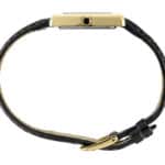 Elegant black leather wristwatch with gold accents and a modern rectangular face.