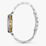 Elegant silver and gold wristwatch featuring a polished bezel and interlinked bracelet.