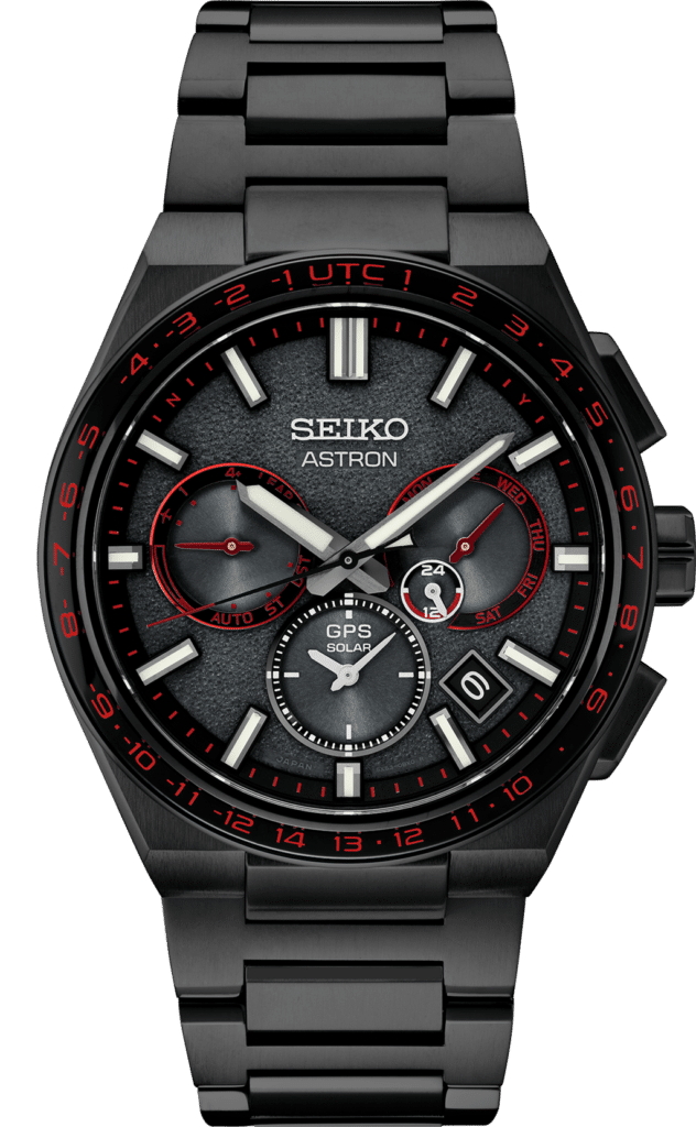Stylish Seiko Astron watch with GPS, solar power, and striking black-and-red design.