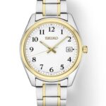 Elegant Seiko watch with two-tone stainless steel bracelet and minimalist white dial design.
