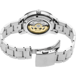 Seiko watch with exhibition case back, showcasing intricate movement and elegant stainless-steel design.