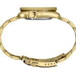 Elegant gold watch with a polished case and interlocking links for luxurious timekeeping style.