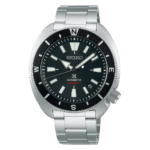 Stylish Seiko automatic watch with stainless steel case, black dial, and luminous hour markers.