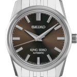 Elegant Seiko King Seiko automatic watch with sleek silver case and unique brown gradient dial.