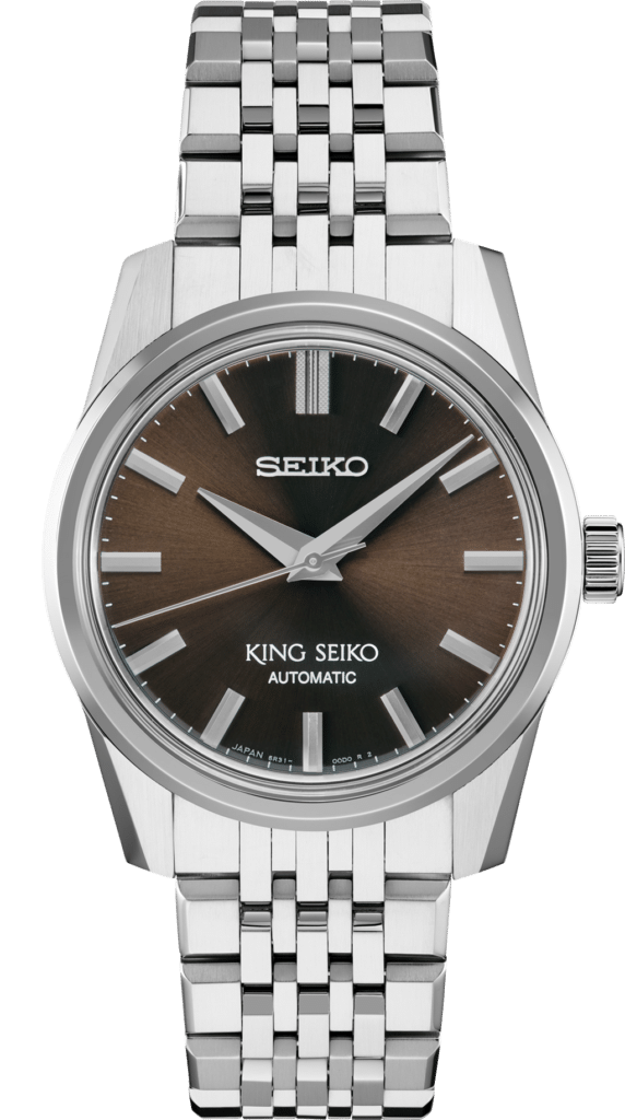 Elegant Seiko King Seiko automatic watch with sleek silver case and unique brown gradient dial.