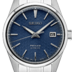 Elegant Seiko Presage Automatic watch featuring a blue textured dial and polished stainless steel case.
