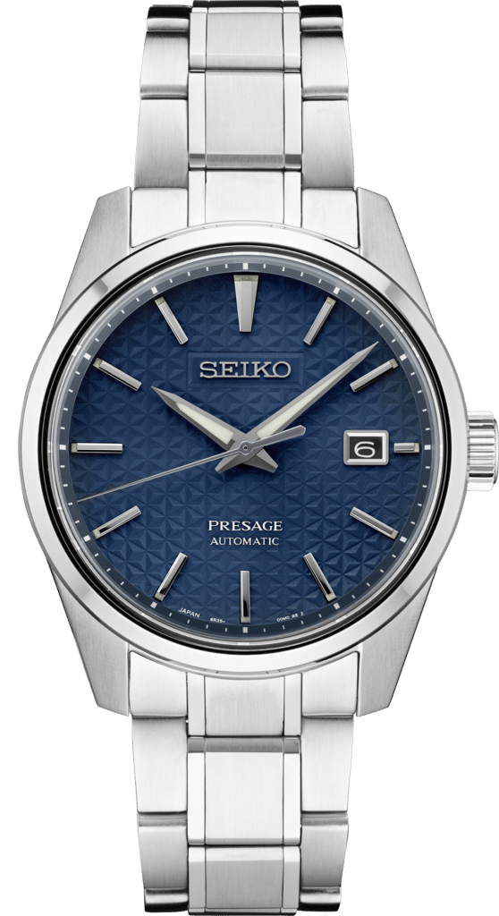 Elegant Seiko Presage Automatic watch featuring a blue textured dial and polished stainless steel case.