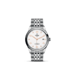 Elegant Tudor watch with a luminous white dial, rose gold markers, and stainless steel bracelet.