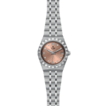 Elegant Tudor watch with rose gold dial, diamond markers, and stainless steel bracelet.