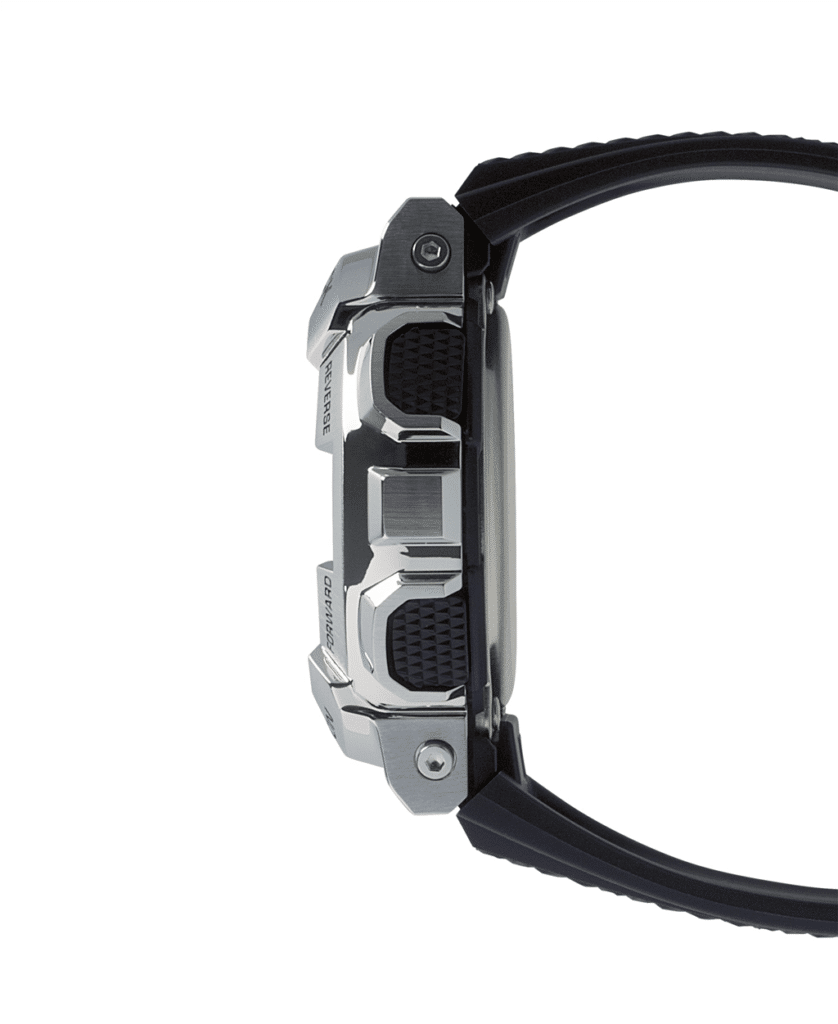 Rugged stainless steel wristwatch with black rubber strap and functional pushers for sporty activities.