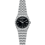 Elegant Tudor watch with black dial, diamond markers, and a stylish stainless steel bracelet.