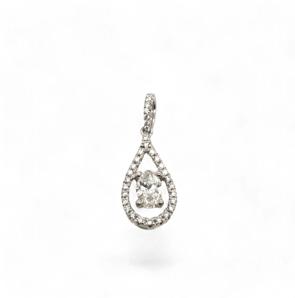 Elegant teardrop pendant with diamond halo, crafted from white gold or platinum.